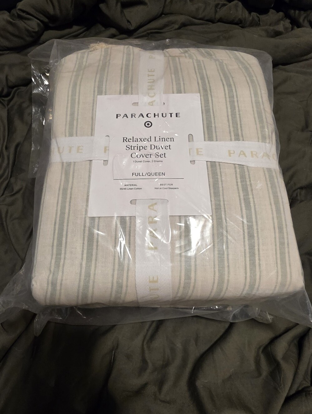 Full/Queen Relaxed Linen Stripe Duvet Cover & Sham Set Jade & Parchment